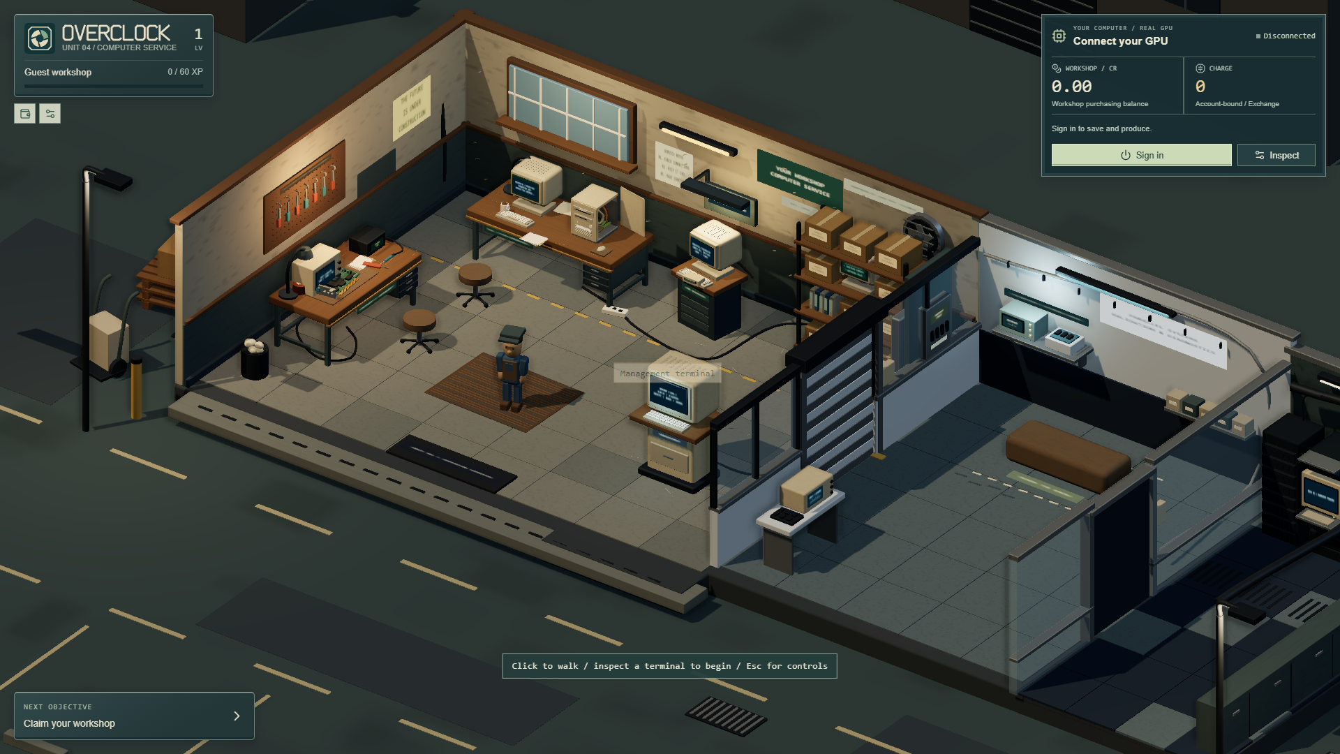 The actual OVERCLOCK starter workshop, with beige CRTs, a hardware bench, management terminal and adjoining laboratory.